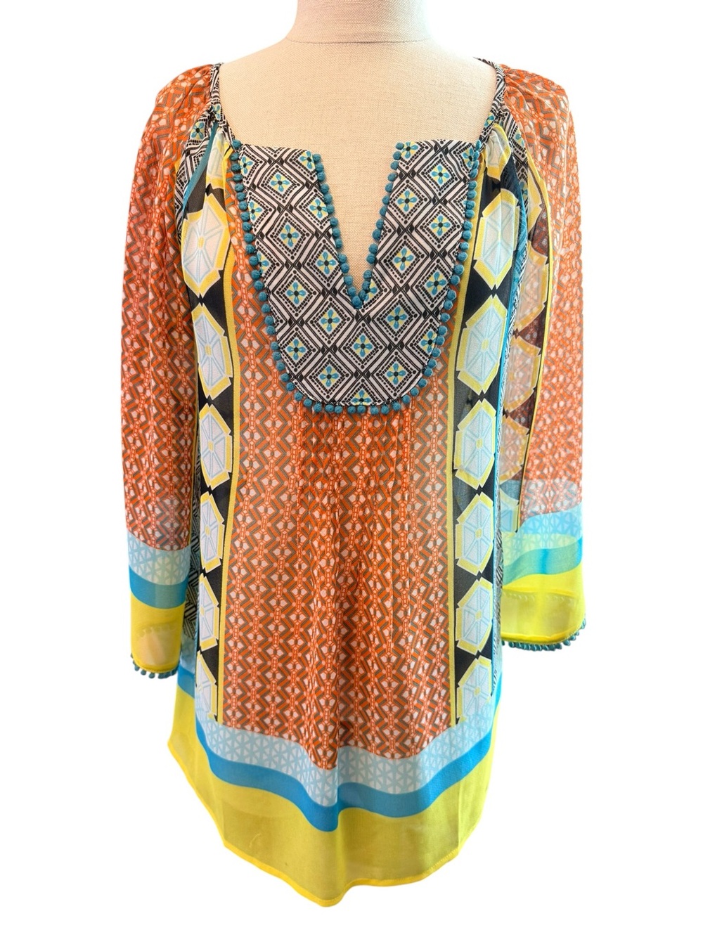 JADE by Melody Tam Boho Tunic Blouse Pom Pom Trim SZ M southwestern boho chic